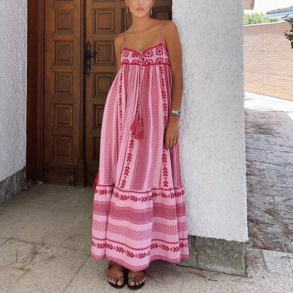 Pink Boho Women's Sleeveless Spaghetti Strap Flowy Beach Maxi Dress - Picture 1 of 6